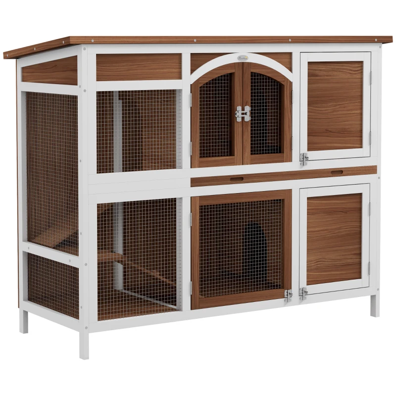 PawHut Two-Tier Wooden Rabbit Hutch with Openable Roof, Slide-Out Tray