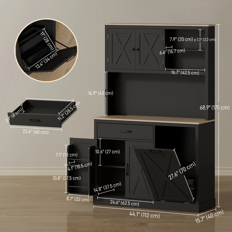HOMCOM 69" Pantry Cabinet with Charging Station, Kitchen Cabinet with Microwave Stand, Tilt-Out Trash Can Cabinet, Black