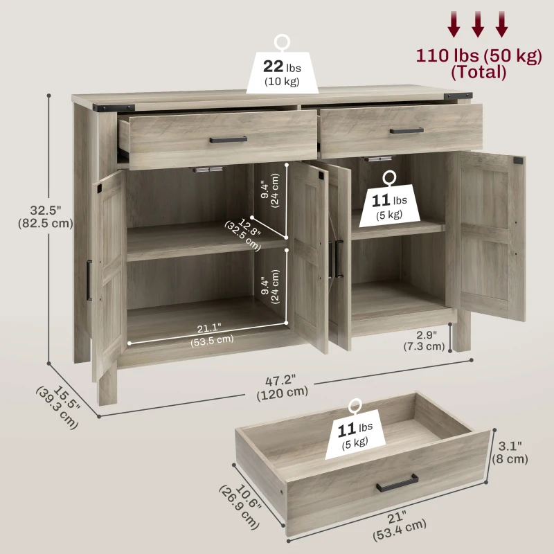 HOMCOM Side Cabinet, Farmhouse Kitchen Storage Cabinet w/ 2 Drawers and Shelves for Living Room, Entryway, Grey
