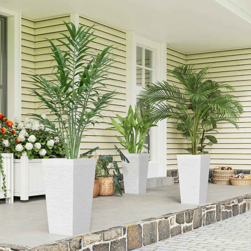 Outsunny 22.8 Inch Set of 3 Outdoor Planters with Stone Finish and Wheels, Stackable Tapered Planters with Drainage Hole, White