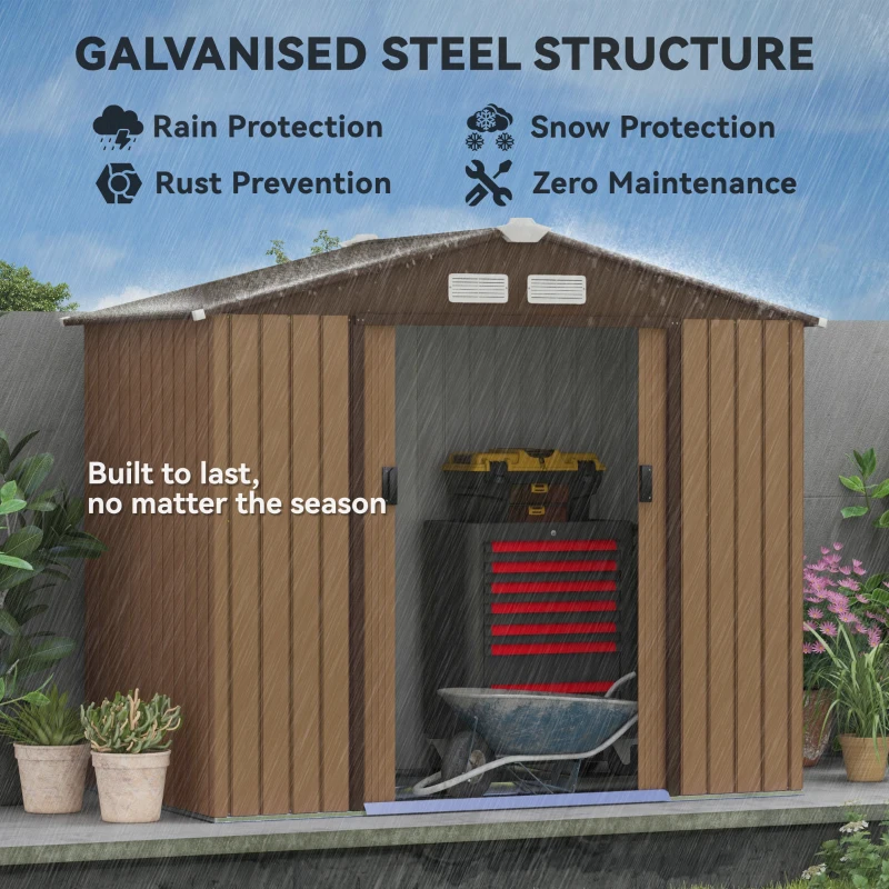 Outsunny 7' x 4' Outdoor Storage Shed, Garden Tool House w/ Foundation Kit Vents & Sliding Doors for Backyard Patio, Brown
