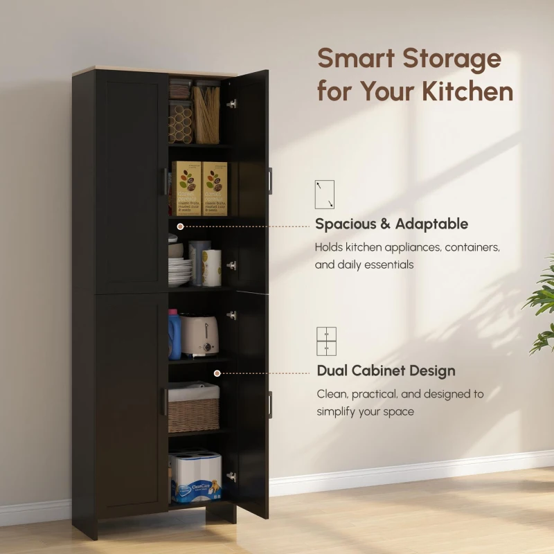 HOMCOM 67" 4-Door Kitchen Pantry Cabinet, Freestanding Storage Cabinet Cupboard with Adjustable Shelves, Black