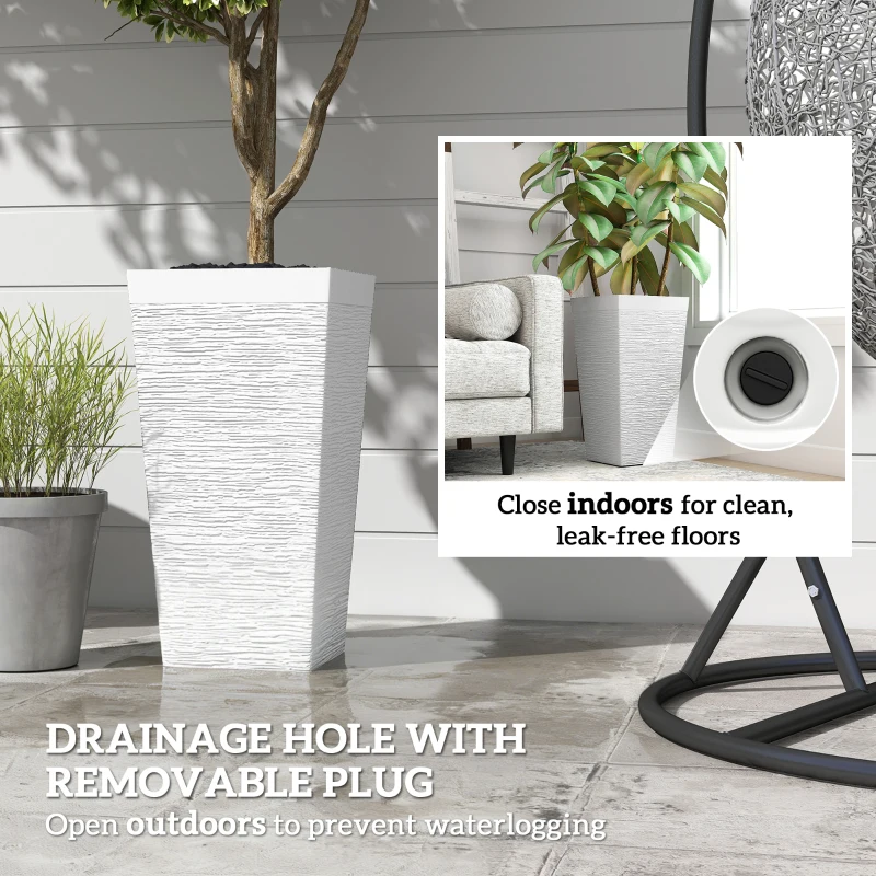 Outsunny 22.8 Inch Set of 3 Outdoor Planters with Stone Finish and Wheels, Stackable Tapered Planters with Drainage Hole, White