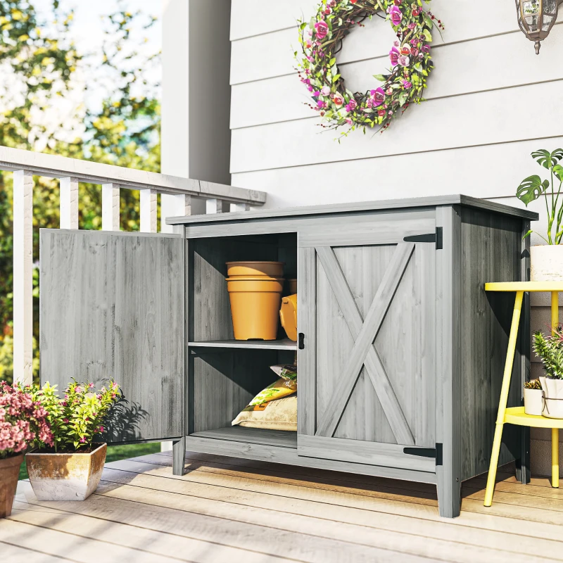 Outsunny Wooden Outdoor Storage Cabinet, Garden Shed Potting Shed with Shelf and Double Doors, Light Gray