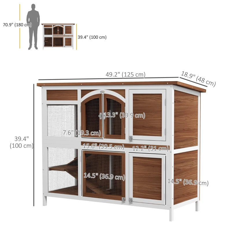 PawHut Two-Tier Wooden Rabbit Hutch with Openable Roof, Slide-Out Tray