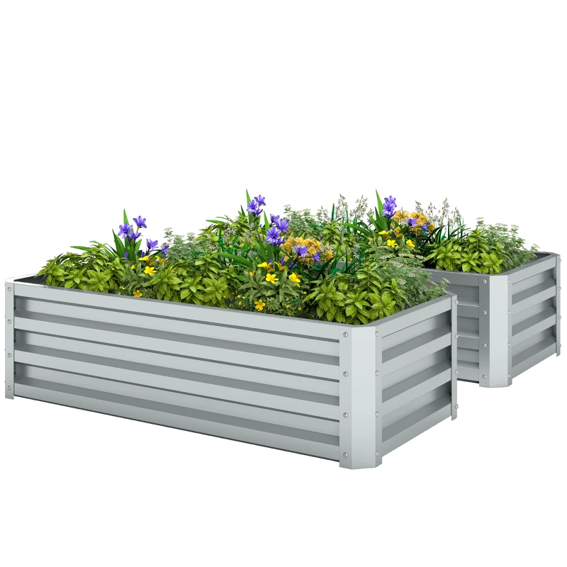 Outsunny Galvanized Raised Garden Beds, Outdoor Planter Box, Set of 2, for Flowers, Herbs and Vegetables, Silver