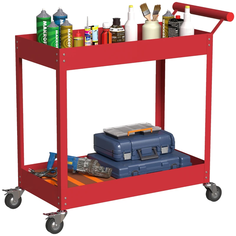 DURHAND Rolling Tool Cart, 2 Tier Mobile Service Utility Cart with Wheels, Red