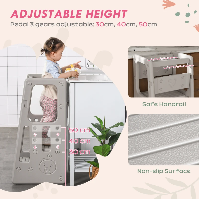 Qaba Toddler Tower with Adjustable Height, Toddler Kitchen Stool Helper with Anti-slip Mat, Step Stool for Kitchen, Bathroom, Gray