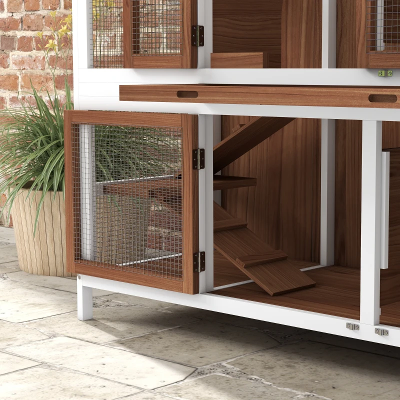 PawHut Two-Tier Wooden Rabbit Hutch with Openable Roof, Slide-Out Tray
