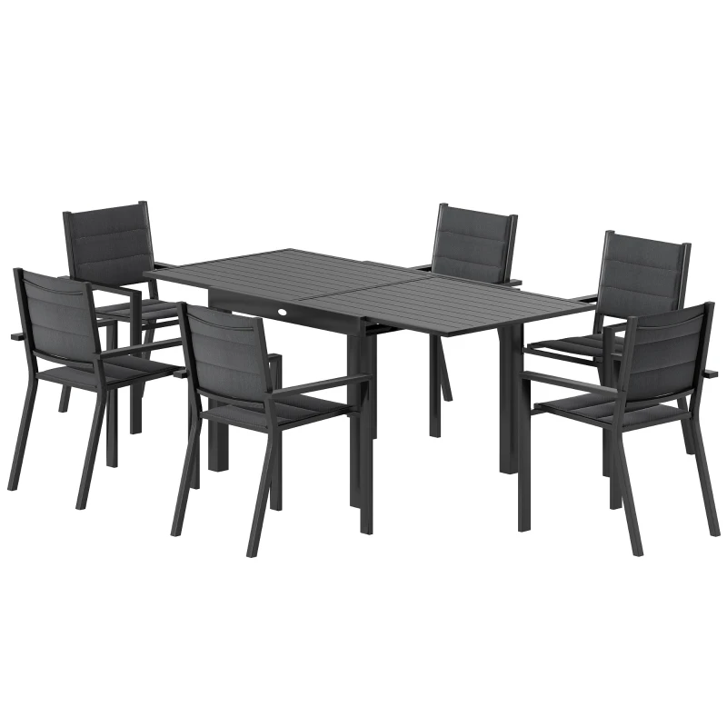 Outsunny Patio Dining Set for 6, Aluminum Expandable Outdoor Table and 6 Stackable Chairs with Padded Back, Mesh Seat, Black