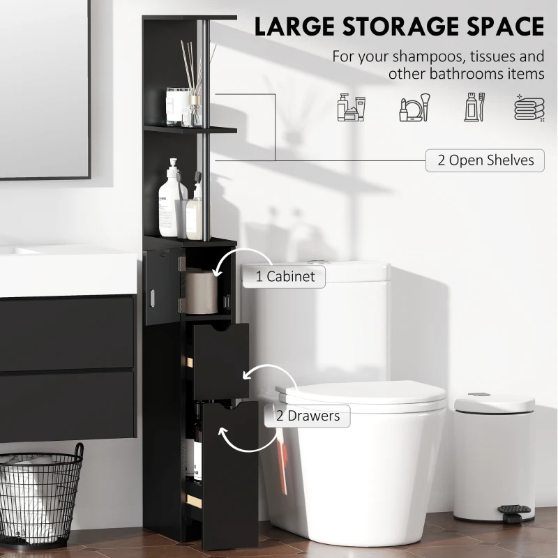 HOMCOM Tall Bathroom Storage Cabinet, Narrow Bathroom Cabinet with Drawers and Open Shelves for Small Spaces, Black