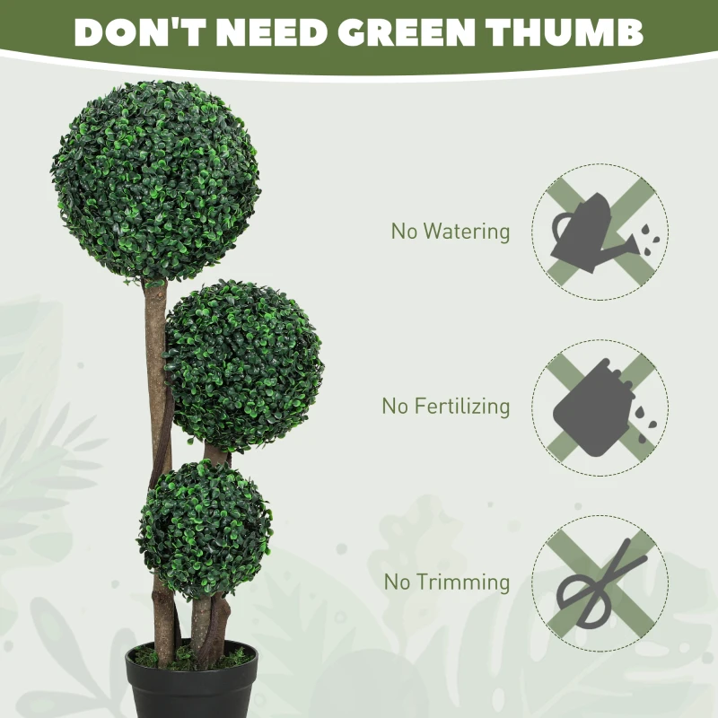 HOMCOM 35 Inch Potted Fake Plant Set of 2, Artificial Boxwood Topiary Tree, Triple Ball Tree for Indoor and Outdoor, Green