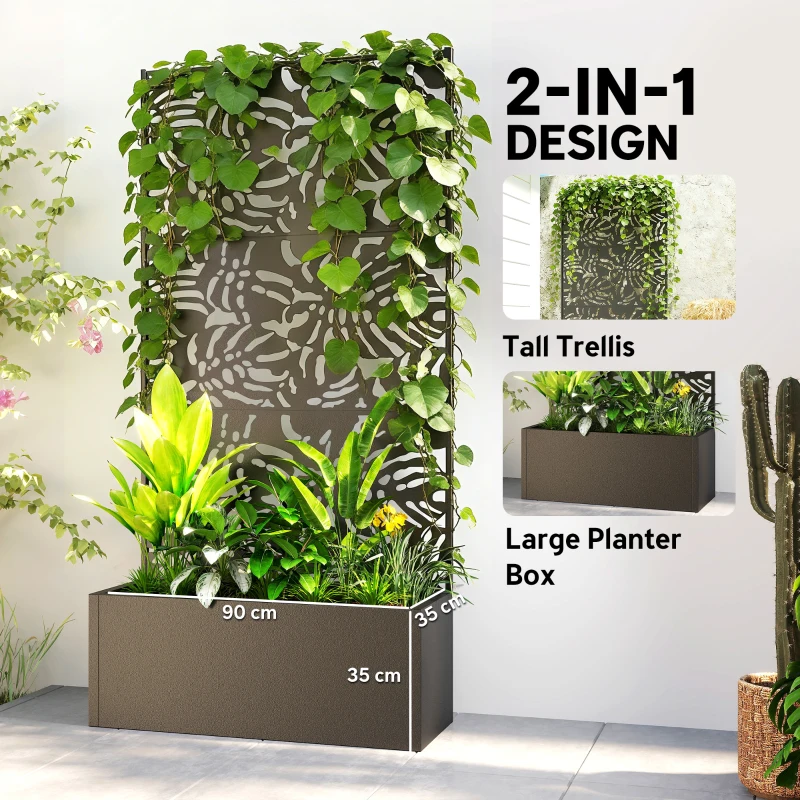 Outsunny Metal Planter Box with Trellis, 71" Tall Raised Garden Bed with Privacy Screen and Drainage Holes, Banana-Leaf Cut-Outs