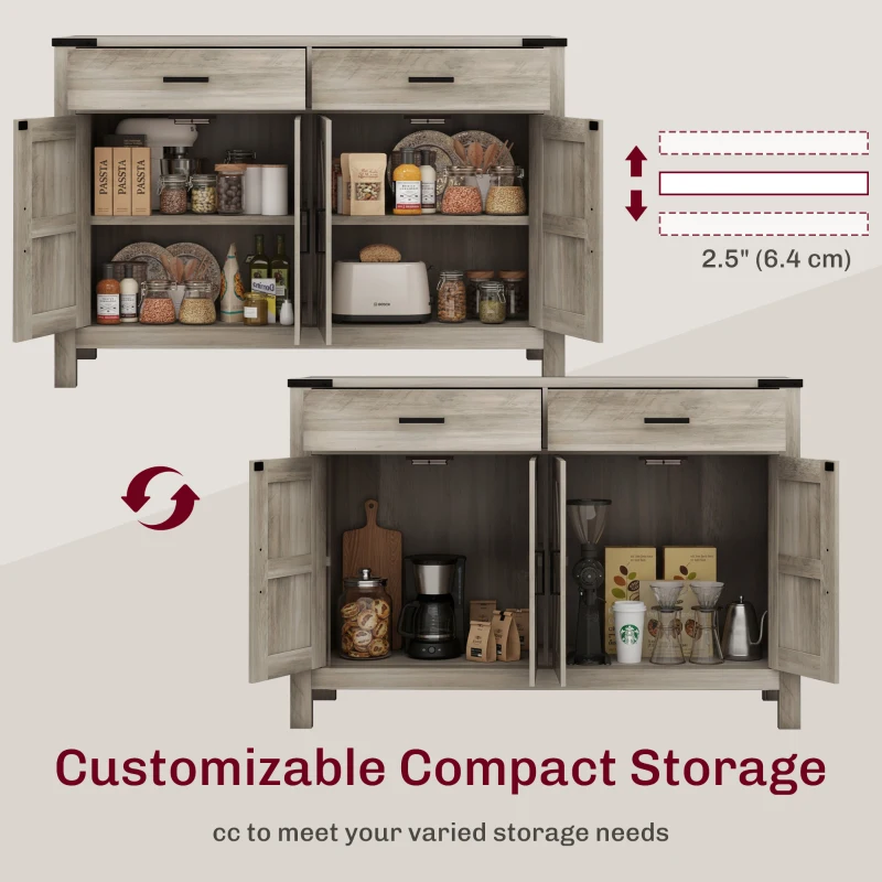 HOMCOM Side Cabinet, Farmhouse Kitchen Storage Cabinet w/ 2 Drawers and Shelves for Living Room, Entryway, Grey