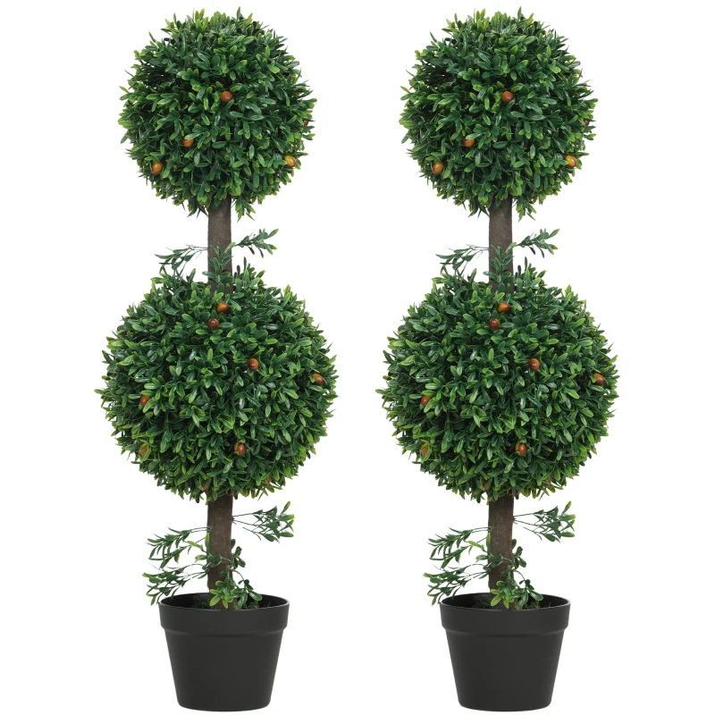 HOMCOM 3FT Artificial Boxwood Topiary Tree Set of 2, Faux Two Ball Topiary Tree in Pot for Indoor Outdoor Decor, Green