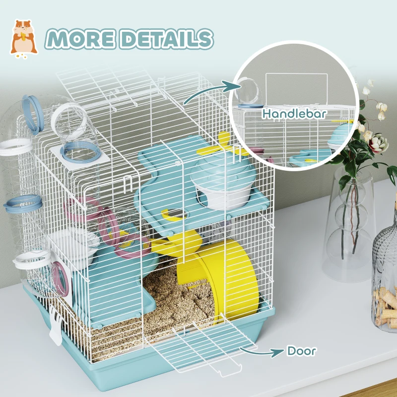 PawHut 3-Level Hamster Cage with Exercise Wheel, Play Tube, Water Bottle, Food Dish, Hut, Ladder, Blue