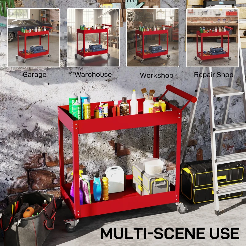 DURHAND Rolling Tool Cart, 2 Tier Mobile Service Utility Cart with Wheels, Red