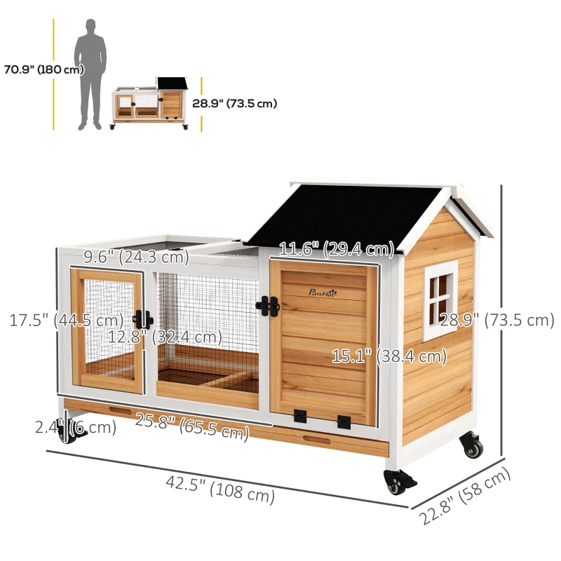 PawHut Rabbit Cage with Wheels, Ramp, Run, Tray for Indoor Outdoor, Suitable for Rabbit, Guinea Pig, Yellow
