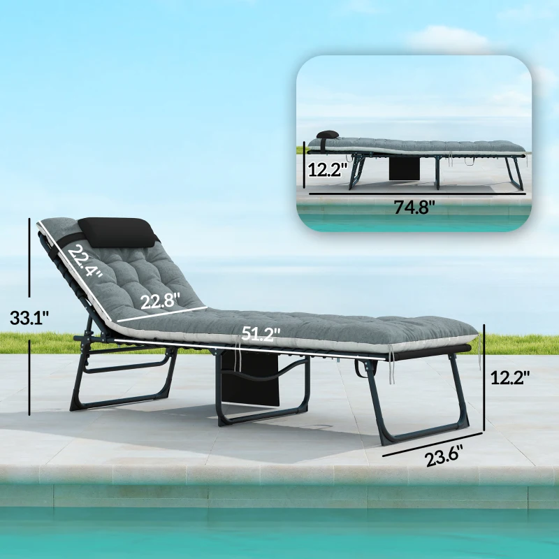 Outsunny Outdoor Chaise Lounge Chair Set of 2, 5-Level Adjustable Folding Pool Lounge Chairs with Cushions, Black/Gray