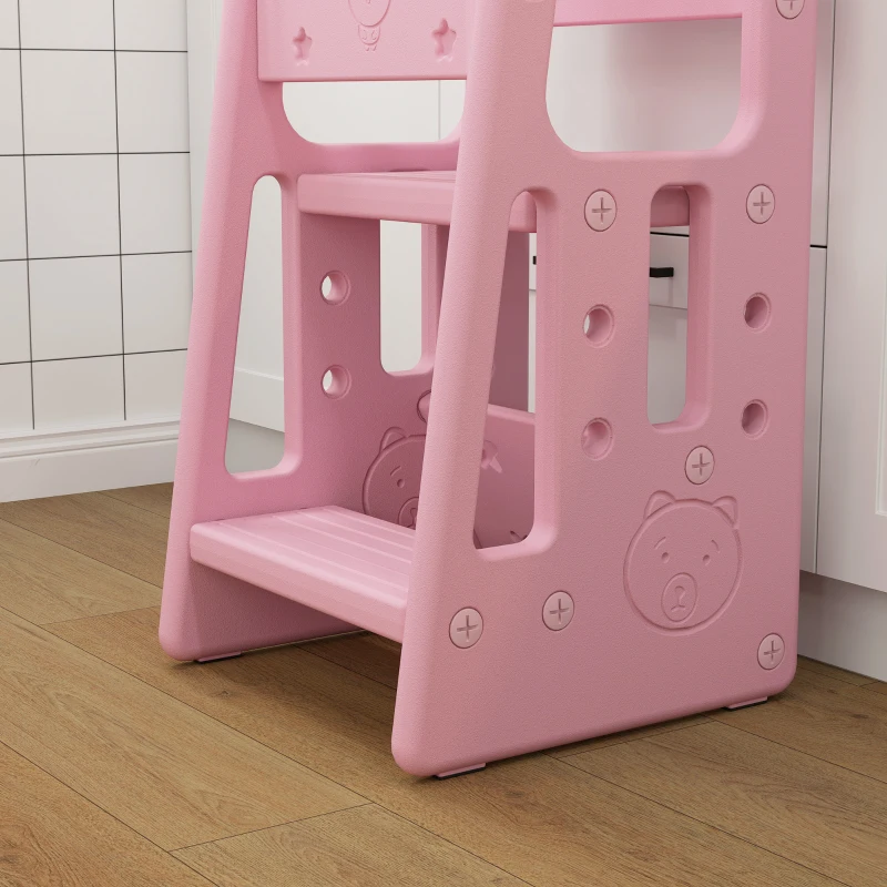 Qaba Toddler Tower with Adjustable Height, Anti-slip Mat, Toddler Step Stool, Pink