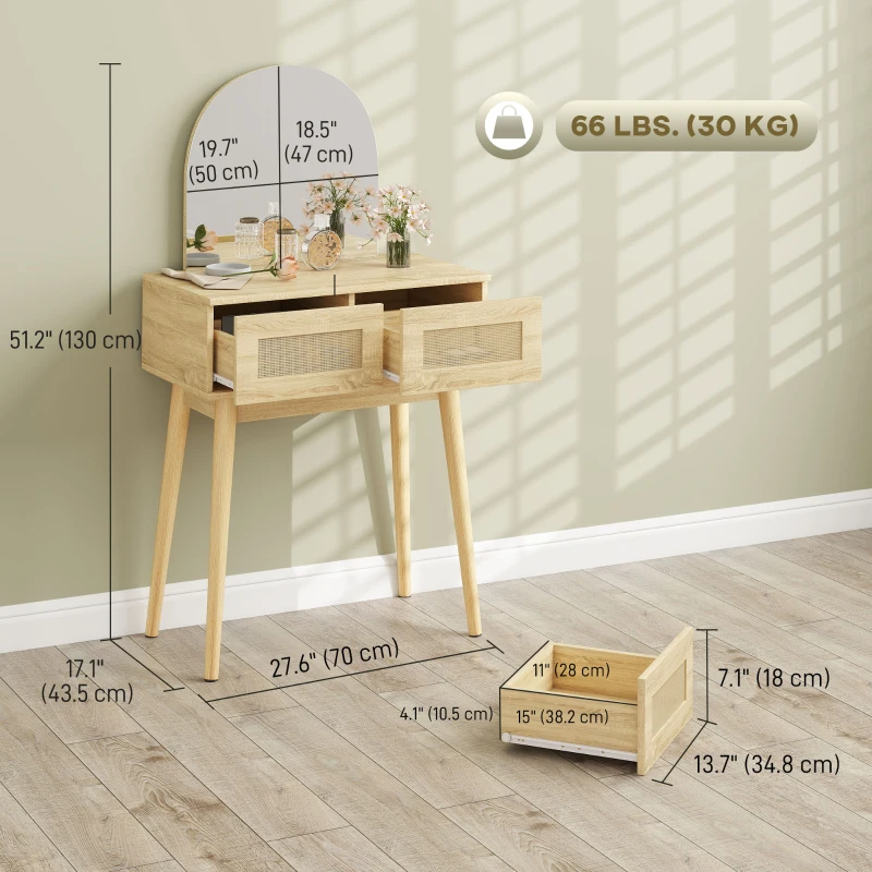 HOMCOM Vanity Desk, Makeup Vanity with with Mirror and 2 Drawers, Natural Wood