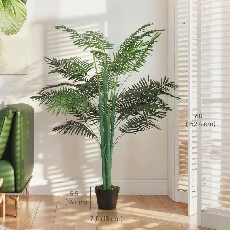 Outsunny 5FT Artificial Palm Tree, Fake Tropical Tree with Lifelike Leaves, Faux Plant in Pot for Indoor Decoration, Green