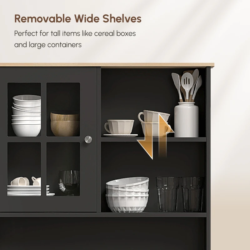 HOMCOM Kitchen Buffet with Hutch, Storage Pantry with 3 Cabinets, 2 Open Shelves and Large Countertop, Black(m-5)