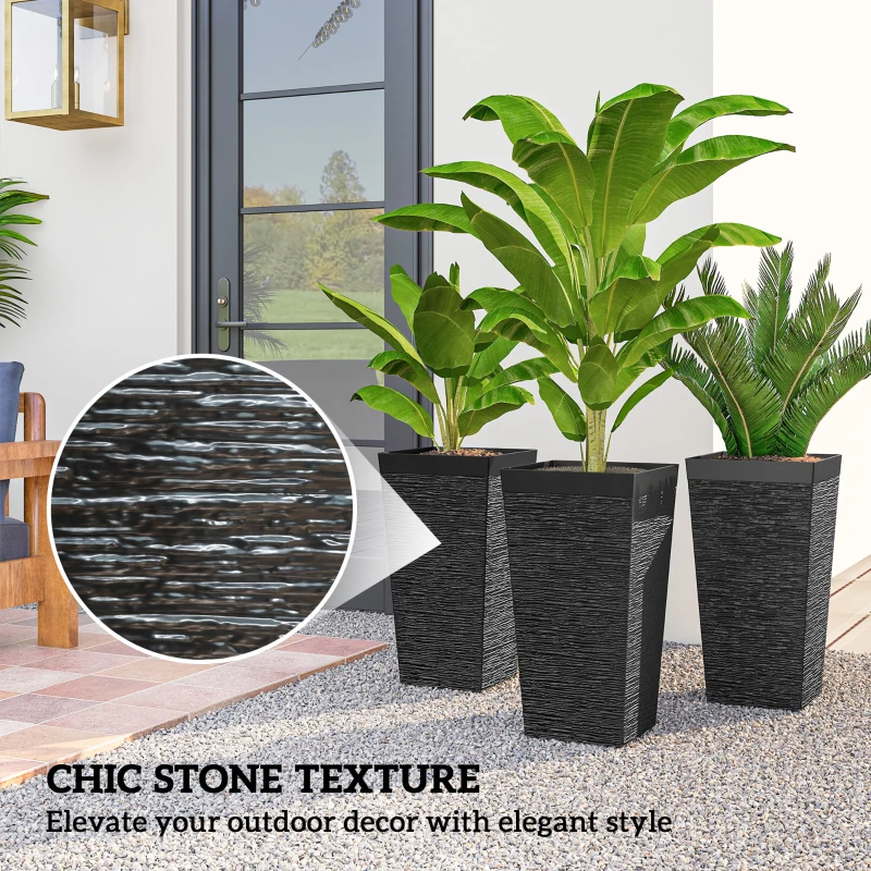 Outsunny 22.8 Inch Set of 3 Outdoor Planters with Stone Finish and Wheels, Stackable Tapered Planters with Drainage Hole, Black