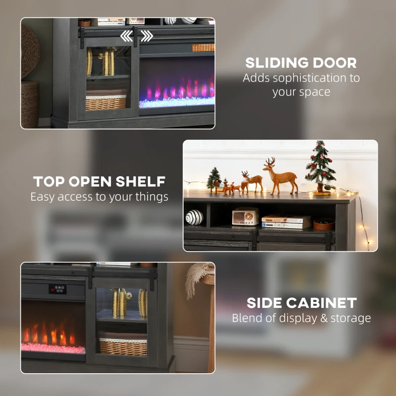 HOMCOM Fireplace TV Stand for TVs Up to 80 Inch, TV Console with Electric Fireplace, Open Storage and Side Cabinets, Gray