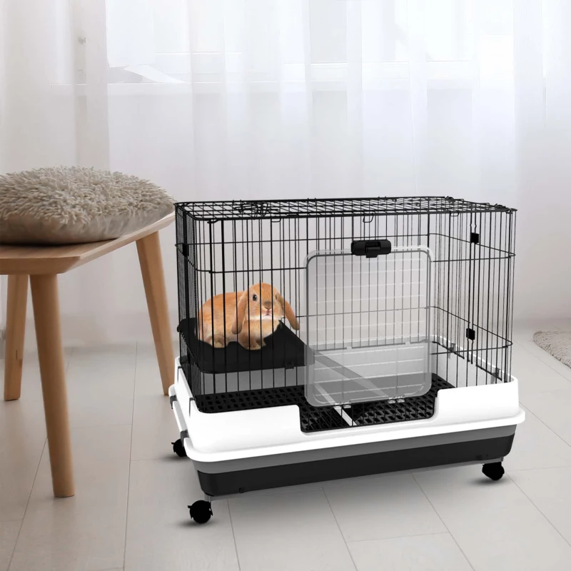 PawHut 28"H Guinea Pig Cage, 2-Level Rabbit Cage for Ferret, Chinchilla, Hedghog, Bunny, Small Animal Habitat with Wheels, Slide-out Tray, Ramp, Black