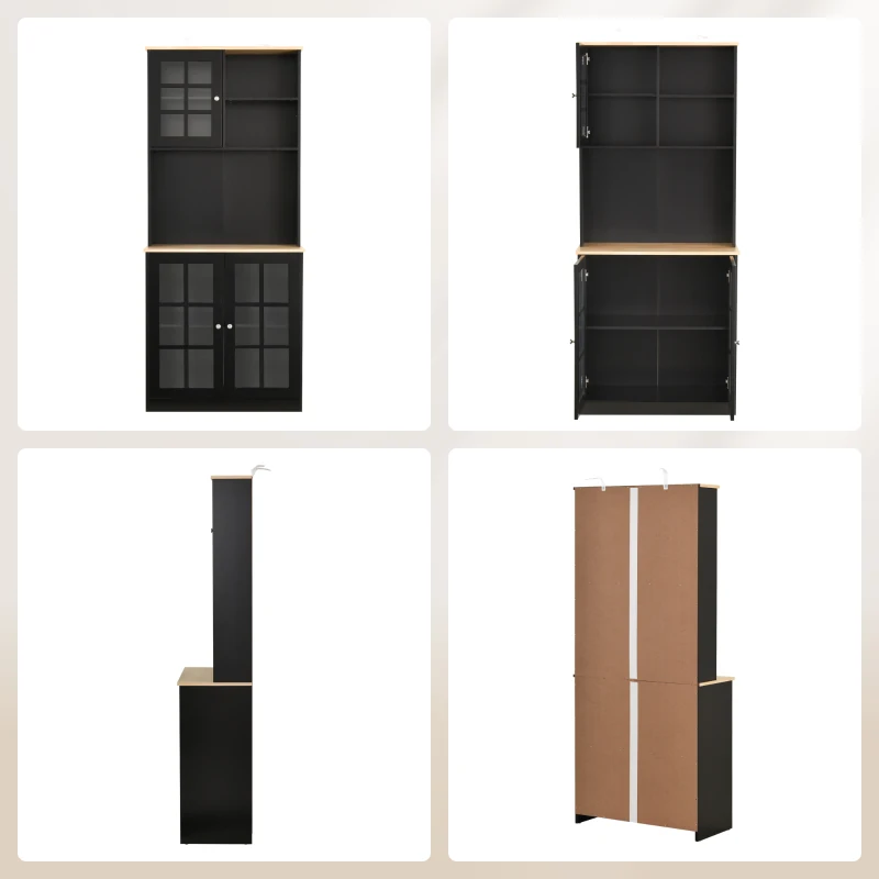 HOMCOM Kitchen Buffet with Hutch, Storage Pantry with 3 Cabinets, 2 Open Shelves and Large Countertop, Black(m-14)