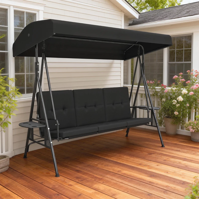Outsunny 3-Seat Outdoor Porch Swing Patio Swing with Adjustable Canopy, Side Tray, Removable Cushion for Garden, Poolside, Black