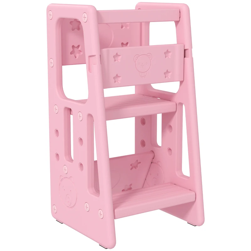 Qaba Toddler Tower with Adjustable Height, Anti-slip Mat, Toddler Step Stool, Pink