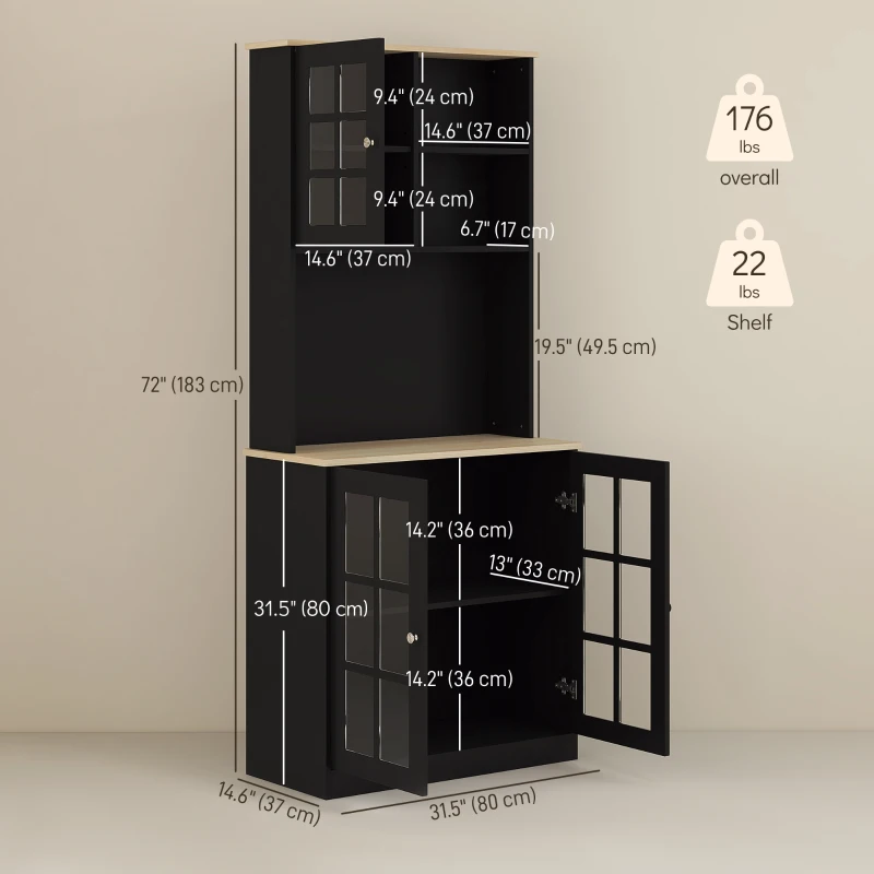 HOMCOM Kitchen Buffet with Hutch, Storage Pantry with 3 Cabinets, 2 Open Shelves and Large Countertop, Black(m-3)