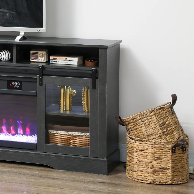 HOMCOM Fireplace TV Stand for TVs Up to 80 Inch, TV Console with Electric Fireplace, Open Storage and Side Cabinets, Gray