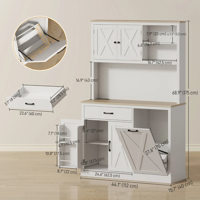 HOMCOM 69" Pantry Cabinet with Charging Station, Kitchen Cabinet with Microwave Stand, Tilt-Out Trash Can Cabinet, White
