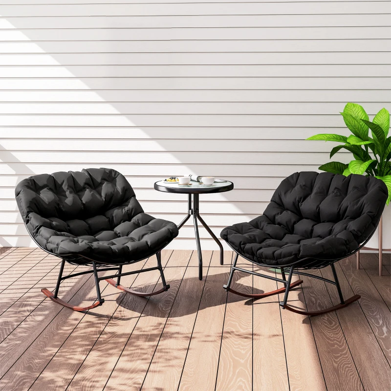 Outsunny Outdoor Rocking Chair Patio Set of 2, Oversized Rocking Papasan Chairs with Cushions for Garden Porch, 265 lbs., Black