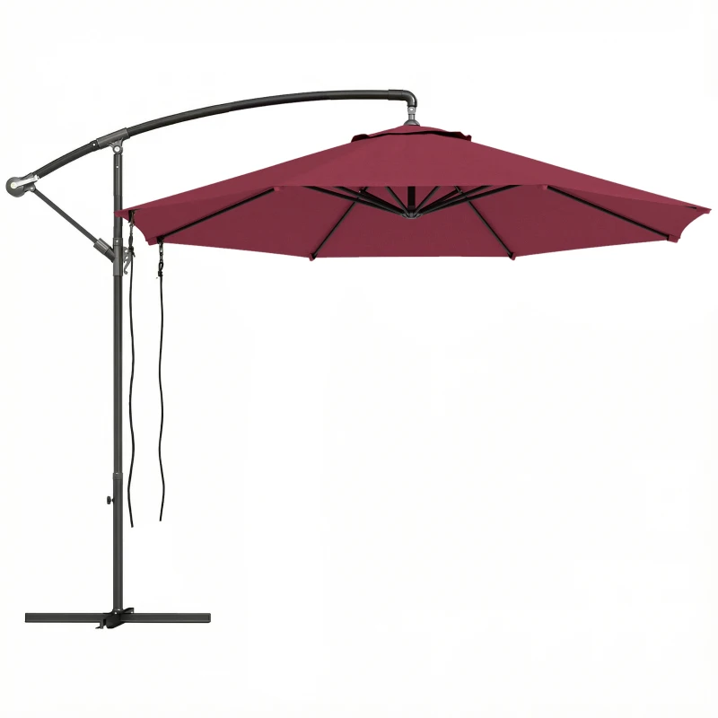 Outsunny 9.5' Cantilever Umbrella with Wind Protection Strap and Cover, Hanging Umbrella with Crank and Cross Base, UPF 50+, Red