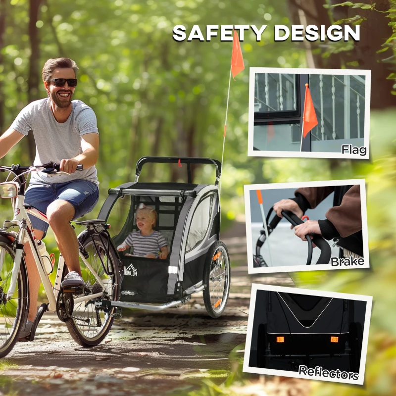 Aosom 2 Seat Bike Trailer for Kids 2-in-1 Baby Stroller with Handbrake, Rubber Wheels, 5 Point Harness, Reflectors, Grey
