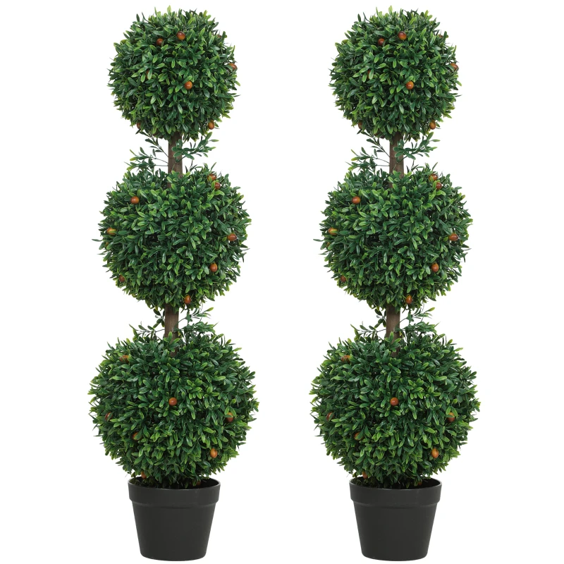 HOMCOM 3.3FT Artificial Boxwood Topiary Tree Set of 2, Faux Three Ball Topiary Tree in Pot for Indoor Outdoor Decor, Green