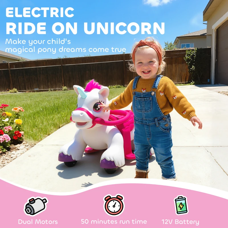 Qaba 12V Unicorn Ride on Toy, Battery Powered Kids Electric Ride on Horse with Carrot Toy, Comb, Animal Sounds, for Age 18-36 months
