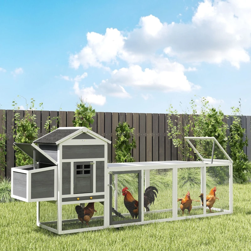 PawHut 117" Extra Large Chicken Coop with Asphalt Roof, Wooden Hen House with Slide-out Tray, Quail Hutch with Nesting Box, Grey
