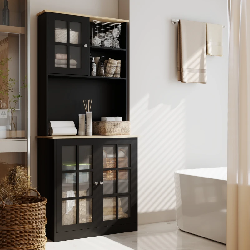 HOMCOM Kitchen Buffet with Hutch, Storage Pantry with 3 Cabinets, 2 Open Shelves and Large Countertop, Black(m-10)