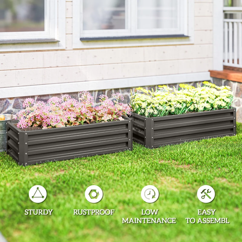 Outsunny Galvanized Raised Garden Beds, Outdoor Planter Box, Set of 2, for Flowers, Herbs and Vegetables, Dark Grey