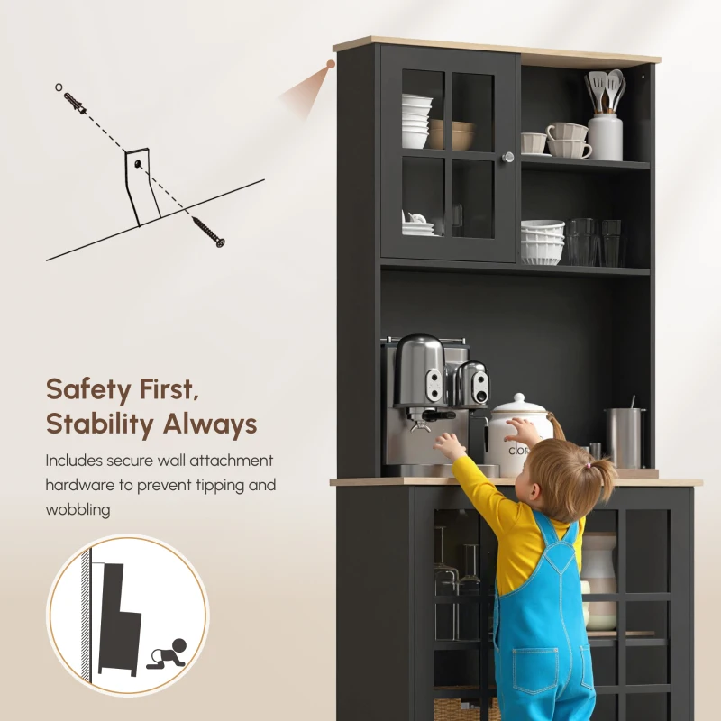 HOMCOM Kitchen Buffet with Hutch, Storage Pantry with 3 Cabinets, 2 Open Shelves and Large Countertop, Black(m-6)