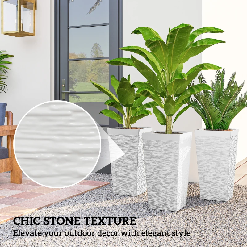 Outsunny 22.8 Inch Set of 3 Outdoor Planters with Stone Finish and Wheels, Stackable Tapered Planters with Drainage Hole, White