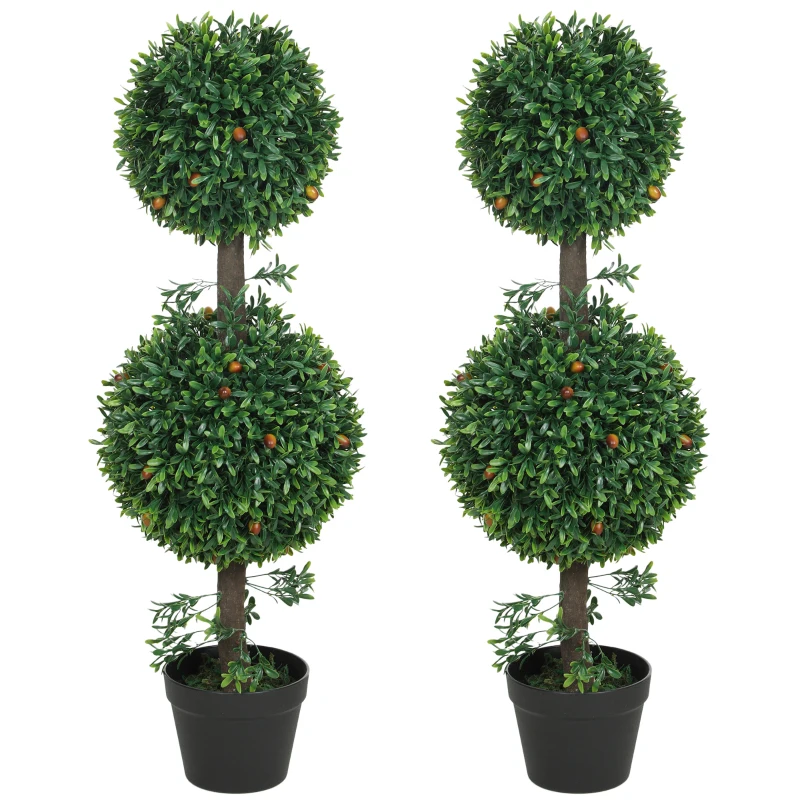 HOMCOM 3FT Artificial Boxwood Topiary Tree Set of 2, Faux Two Ball Topiary Tree in Pot for Indoor Outdoor Decor, Green