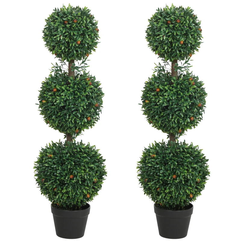 HOMCOM 3.3FT Artificial Boxwood Topiary Tree Set of 2, Faux Three Ball Topiary Tree in Pot for Indoor Outdoor Decor, Green