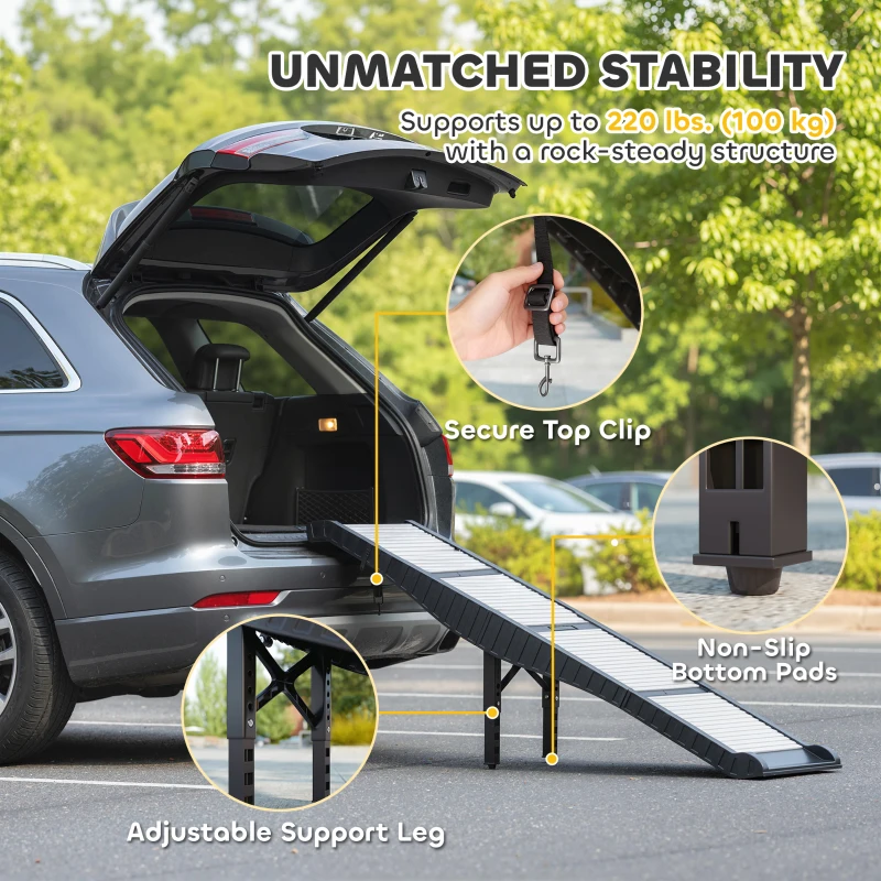 PawHut Foldable Dog Car Ramp with Support Leg, Non-Slip TPR Surface, 69" x 15.7", for Small to Large Dogs Up to 220LBS