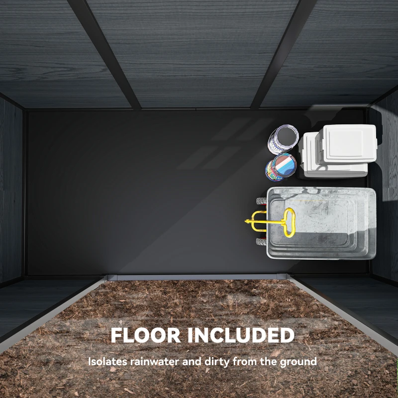 Outsunny 8 x 4 ft Resin Garden Shed, Wood-Effect Outdoor Storage Shed with Floor, Windows, Lockable Doors and Vents, Dark Grey